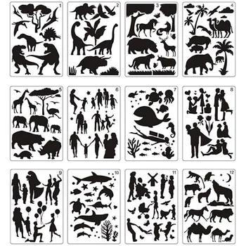 12Pcs Mandala Slikarstvo Predloge kot Nalašč Živali Risanje Matrice Votlih Odbor za DIY Slikarstvo, Umetnost