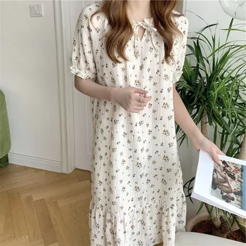 2021 Južna Koreja, Nova Nightdress Žensk Izdelek Sladko Čipke Nightgown Zdrobljen Bombaž Doma Obleko Ženski Sleepwear Lady More