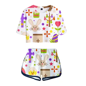2021 Nov Prihod Velikonočni Dan Žensk Dve Delni Komplet Hlače+Crop Tops T-shirt Poletje Harajuku Modno Oblikovanje Ulica Oblačila