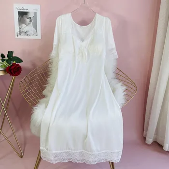 2021 Novo Nightgown Saten Svila Spanja Obleka Ženske Intimno Perilo, Domača Hišna Obleke Čipke Mozaik Nightdress S Prsi Blazine