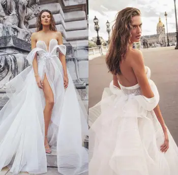 2021 Poročne Obleke Poročne Halje Iluzijo Off Ramenski 3D Cvet Appliques Čipke Seksi Backless Visoko Split Vestidos De Novia