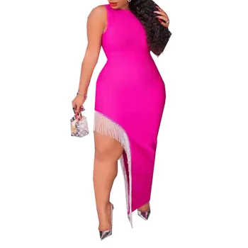 2022 Moda Afriki, Evropi In Ameriki, Ženske Elegantne Večer Stranka Obleko Seksi Brez Rokavov Tassel Diamond Bodycon Hot Pink Obleke