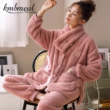 2pcs + šal Pajama za Ženske Zimske Flanela Dolg rokav Sleepwear Debele dobre kakovosti Toplo Homewear Coral runo Trdna Plus Velikost