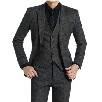 3 kos Siva Tweed Moške Obleke za Poroko Dosegla vrhunec River po Meri Priložnostne Ženina Tuxedos 2021 Zimski Človek Modna Oblačila Suknjič hlače