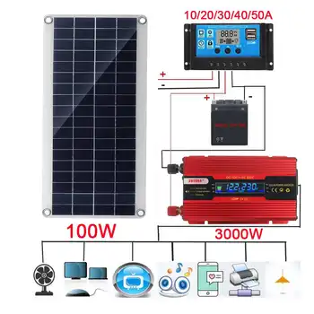 3000W Sončne Energije Sistema Komplet Baterija Polnilnik 100W solarnimi 10-50A Polnjenje Krmilnik Skupaj Energije Doma Mrežo Tabor