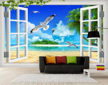 3d fotografija ozadja prilagojene zidana modro nebo in beli oblaki, morje, plaža kokosovo drevo doma dekor spalnica tapete za stene 3d