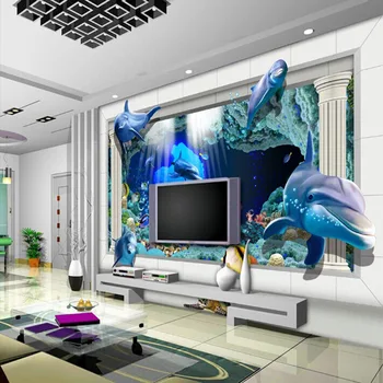 3D, Podvodni Svet Fotografije za Ozadje po Meri Dolphin Ozadje Ocean Srčkan živali Steno stensko Edinstvena Umetnost Soba Dekor Otroško sobo, Spalnico
