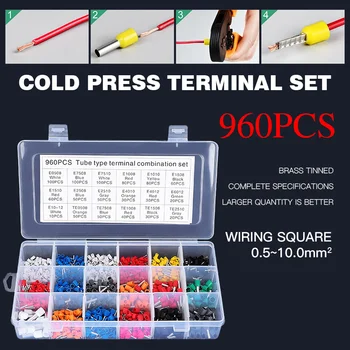 960pcs Terminal Boxed Kit se Uporablja 0,5-10mm2 Žice Kabel Bakrene Cevi Igle Tip Izolirana Obročki Hladnim Stiskanjem Priključek Določa