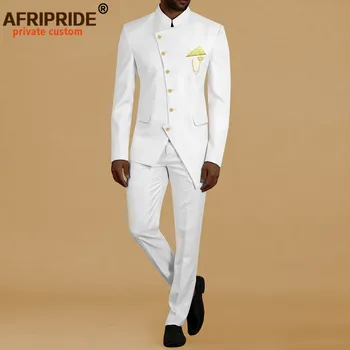 Afriške Obleko za Moške beloprsi Singl Verige Jakno z Ruto in Hlače 2 Delni Set Dashiki Obleke za Poroko A2216018