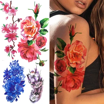 Big Dahlia Cvet Začasne Tetovaže Za Ženske Odraslih Akvarel Plum Blossom Ponaredek Tattoo Nalepke Lily Peony Realno Strani Tattoo