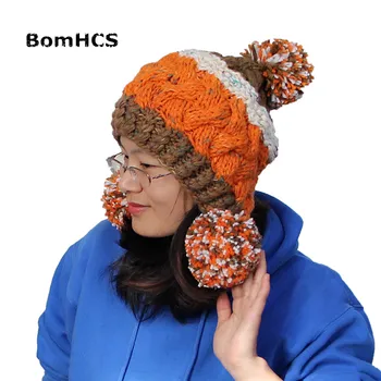 BomHCS Moda Pozimi Toplo Žensk Kapa z Mehko Pompoms 100% Ročno Pletenje Mozaik Klobuk, Kapa