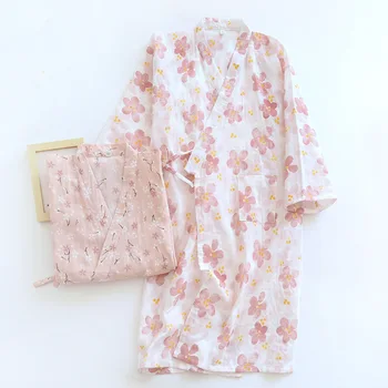 Cvjetnim Tiskanja Ženske Poletje Japonski Kimono Style Dolg Rokav Gospe Hišna Obleke Homewear V Vratu Jeseni Kopalni Plašč Za Ženske