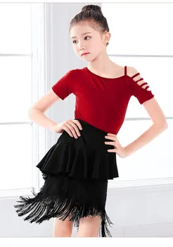 Dekleta latinski Ples Ramenski Iz Marginalnih Obleke, Ženske Uspešnosti Črna Rdeča Tango Salsa Cha Cha otroci Tekmovanja Plesno Obleko