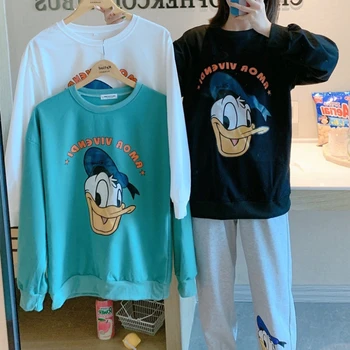 Disney Donald Duck Srčkan Sleepwear Žensk Pajama Določa Ženske Dolg Rokav Tee in Hlače Pajama Nastavite Pj Svoboden Pižame za Ženske Y2K