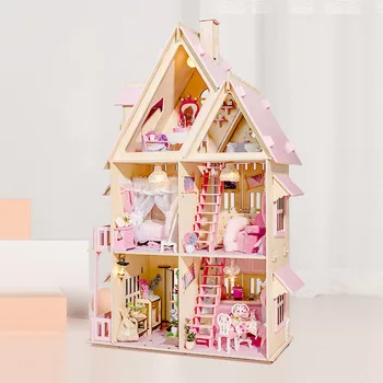 Diy Lesena Lutka Hiše Miniaturne Zgradbe Kit Princesa Veliko Casa Lutke S Pohištvom Villa Igrače Za Dekleta Rojstni Dan Darila