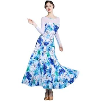 Dvorana Plesne Obleke Ameriški gladko obleko Tango Valček obleka Ženske Ballroom Ples kratek rokav cvet tiskanja modra 9081