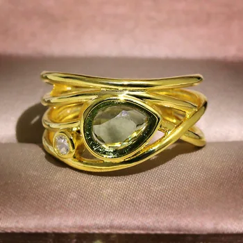 Edinstveno Zlato Geometrijske Multi Layer Obroč Zeleno Kristalno Cirkon Nakit Ženske Stranka 925 Srebro Modni Prstan za Ženske