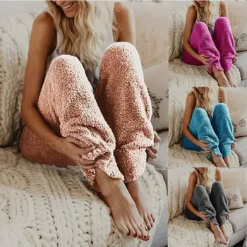 Evropski in Ameriški Nove ženske toplo spanje hlače Pozimi Toplo Runo sleepwear Dolge Hlače Ženske Barva Loungewear Nightwea
