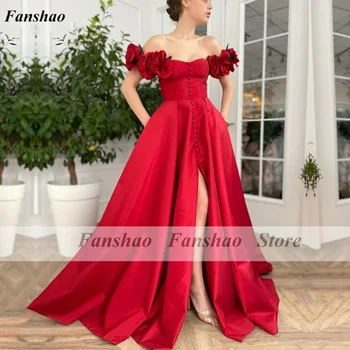 Fanshao wd415 arabski Večerno Obleko Saten Off Rami s 3D Ročno izdelane Rože Maturantski Obleki z Gumbi Split Stranka Obleko