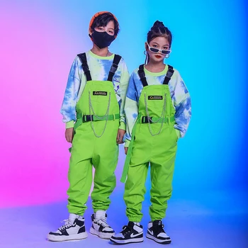 Fluorescentno Zeleno Kombinezon, igralne obleke Otroci Hip Hop Oblačila Kravato Barvana Vrhovi Street Jazz Ples Uspešnosti Obrabe Fazi Obleko BL7282