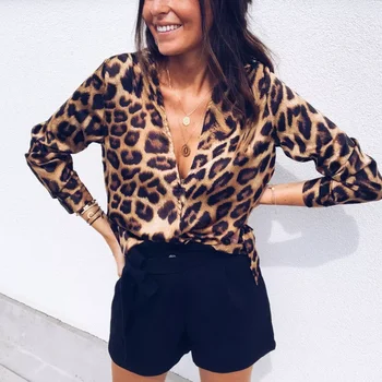 Gospe Leopard Natisniti Majice Svoboden Dolgimi Rokavi, V-Izrez Seksi Vrhovi Ženske Modne Majice Jesen Pomlad Gumb Gor Majice