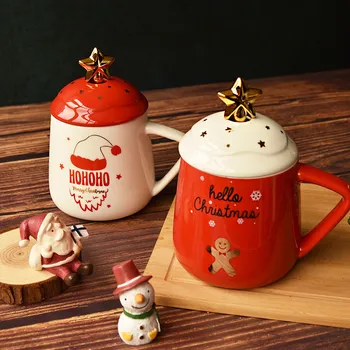 Japonski Slog Keramični Srčkan Kave Vrč S Pokrovom Žlico Božični Dekor Zajtrk Mleko V Skodelico Porcelana Urad Tea Cup Drinkware