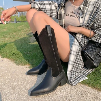 Jeseni in pozimi Ženske kolena-škornji z visoko naravno usnje 22-25 cm cowhide+antilop zahodni čevlji strani zadrgo reliefni moderni čevlji