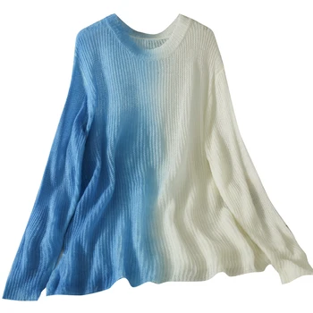 Jeseni nov slog tanke ohlapno okoli vratu pletene žensk gradient barve, tanko dolgimi rokavi pulover