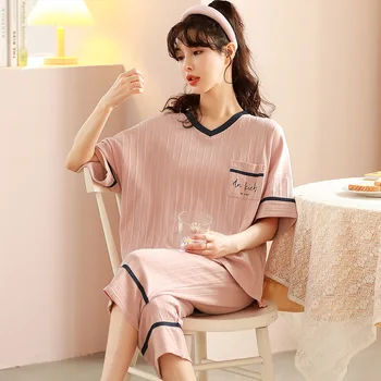 Korejski Moda Homewear Bombaža, Plus Velikost M-5XL Pižamo Set Za Ženske Risanka Srčkan More Tele Dolžine Hlače Kratke Spalne Vrhovi
