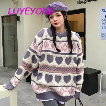 Korejski Moda Y2k Dekle Ulica Zunanji Dolg Rokav Sladko Srce Pleteni Puloverji Vijolična Zelena Gospa Loose O Vratu Puloverju Pulover