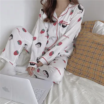 krep bombaž pajama nastavite na japonskem slogu srčkan kawaii risanka sleepwear bo ustrezala dolg rokav domov hlače storitev gaza pijamas D052