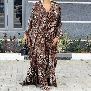 Leopard Natisniti Caftan Abaya Širok Noge Hlače Določa Afriške Obleke za Ženske Poletje Maxi Afriške Dashiki 2 Delni Set Boubou Obleke