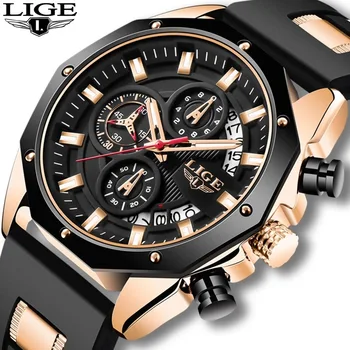 LIGE 8908 Luksuzni Moške Ure, Svetlobna Koledar Vodotesno Silikonsko Ročne ure Poslovni Quartz Kronograf Moških Watch Ura