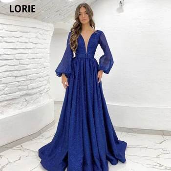 LORIE Najnovejši 2022 Royal Modre Bleščice Til Večerne Obleke Puff Rokavi, Globok V-izrez Formalno Stranko Halje Savdska Arabija Prom Obleke