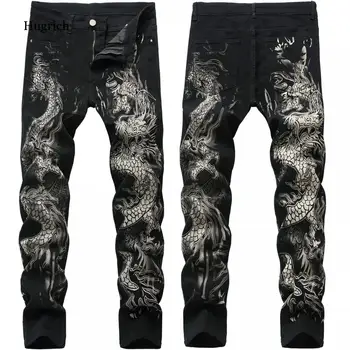 Moda za Moške Jeans Stretch Fit Slim Natisnjeni Črno Hlače Lobanje Grafiti Street Fashion Moških Denim Punk Hlače Vaqueros Hombre