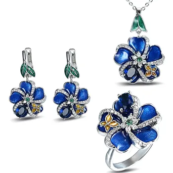 Modrega emajla AAA cirkon diamanti cvet-obliko spusti uhani, prstani obesek ogrlice nakit kompleti za ženske bijoux stranka pribor