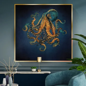 Morsko Življenje Zlato hobotnica Platna Slike Ocean Krajine, Plakati, Tiskanje Wall Art Slik Sodobnih za Akvarij Sobo Doma Dekor