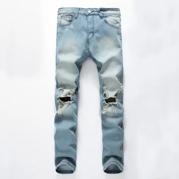 Moške jeans z luknjami v toku, nostalgičen in raztrgano moške jeans hlače