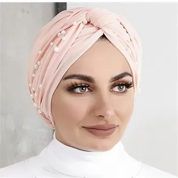 Muslimanski Moda Za Ženske, Stretchy Bombaž Turban Kape Križ Twist Indijski Klobuk Islamske Obloge Headscarf Bonnet Biseri Turbante Hidžab Skp