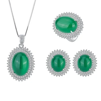 Nov modni trend S925 srebro vdelan 5A cirkon ženske temperament smaragdno zelena chalcedony obesek, prstan uhan set