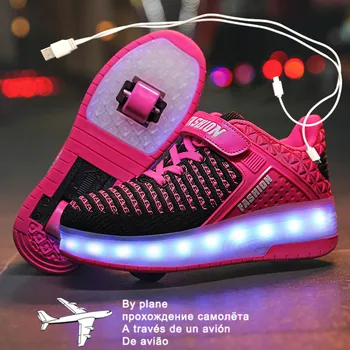 Novega kolesa USB Polnjenje Moda Dekleta Fantje LED Luči Valjčni Skate Čevlji Za Otroke, Otroci Superge S Kolesi, Dve kolesi