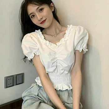 Novo Girdle Srajce Kawaii Majica Šifon Bluze, Modne Crop zgornji deli oblacil Ženske Priložnostne majice Črno Bel Kratek Rokav korejski Blusas XL