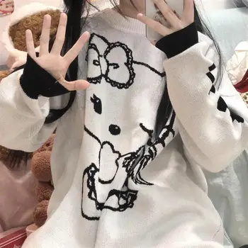 Novo Hello Kitty Kawaii Sanrio Pulover Ženske, Lepe Preppy Puloverju Pulover Pozimi Risanka Svoboden Mid-Dolžina Jopica Punca, Plišastih Darilo