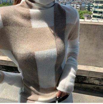Novo Kašmir Pulover Ženske Obleke 2021 korejski Moda Visoko Vratu Geometrijskih Barvno Ujemanje Puloverju Plus Velikost Tople Pletene