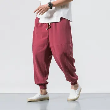 Pantalones de Tek par hombre, ropa calle de neformalno, holgados, de algodón y lino, pantalones Harem de gran Harajuku