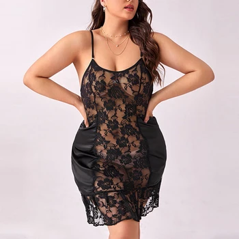 Plus Velikost Ženske Vidijo Skozi Sleepwear Čipke Nightdress Oversize Ženske Pregleden Naramnice Mini Obleka Odklon Erotično Perilo