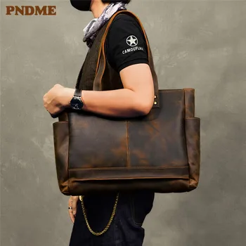 PNDME letnik velike zmogljivosti pravega usnja za moške, ženske tote vrečko torbici priložnostne luksuzni cowhide rjava nakupovalna torba
