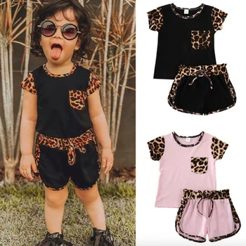 Poletje Moda Otroška Oblačila Dekle Nastavite Krog Vratu Pocket Majica Leopard Barvno Ujemanje Hlače 2pcs Malčka Otroci Dekliška Oblačila Obleko