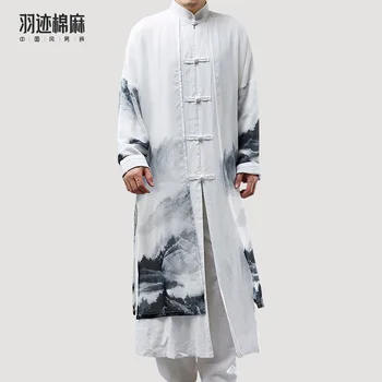 Pomlad Moških Tradicionalne Kitajske Tang Bo Ustrezala Retro Krajine Tiskanja Haljo Bombaž Perilo Tai Chi Kung Fu Oblačila Taoist Kostum Hanfu