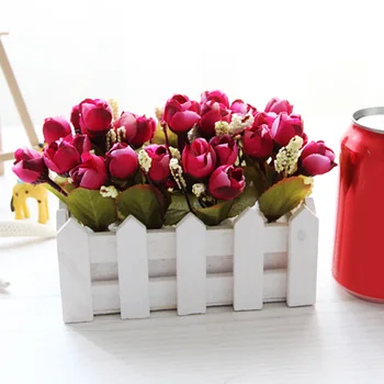 Ponaredek Rože, Umetne Vrtnice Cvetovi z Belo Ograjo Pot Mini Bonsaj, določen za Stranko, Poročni Dekoracijo Doma, pisarne Ornament